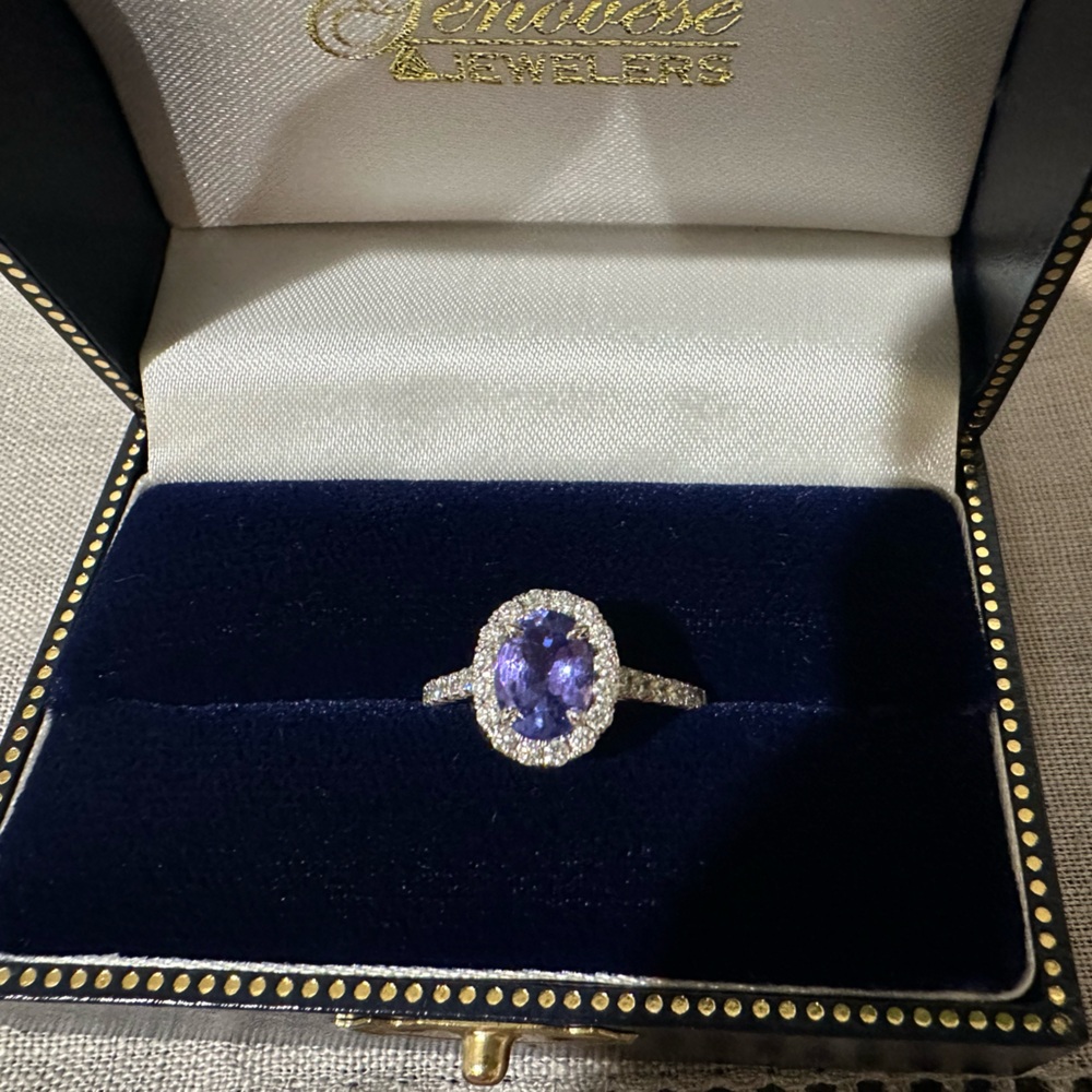 14k white gold diamond halo tanzanite ring